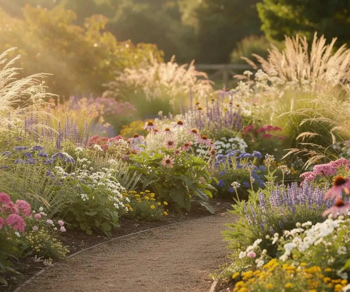 Na zdjęciu widoczny jest kolorowy ogród, wypełniony mieszanką bylin wieloletnich oraz traw ozdobnych, które pięknie prezentują się w letnim słońcu. Wśród intensywnie pomarańczowych kwiatów i dekoracyjnych liści roślin.