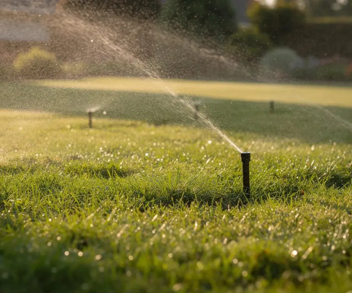 Na zdjęcie jest widoczny zielony, zadbany trawnik, który jest podlewany przez system zraszaczy wynurzalnych w promieniach porannego słońca. Automatyczny system nawadniania zapewnia precyzyjne podlewanie, co sprzyja zdrowemu wzrostowi roślin w ogrodzie.