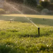 Na zdjęcie jest widoczny zielony, zadbany trawnik, który jest podlewany przez system zraszaczy wynurzalnych w promieniach porannego słońca. Automatyczny system nawadniania zapewnia precyzyjne podlewanie, co sprzyja zdrowemu wzrostowi roślin w ogrodzie.