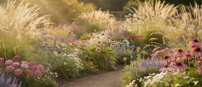 Na zdjęciu widoczny jest kolorowy ogród, wypełniony mieszanką bylin wieloletnich oraz traw ozdobnych, które pięknie prezentują się w letnim słońcu. Wśród intensywnie pomarańczowych kwiatów i dekoracyjnych liści roślin.
