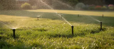Na zdjęcie jest widoczny zielony, zadbany trawnik, który jest podlewany przez system zraszaczy wynurzalnych w promieniach porannego słońca. Automatyczny system nawadniania zapewnia precyzyjne podlewanie, co sprzyja zdrowemu wzrostowi roślin w ogrodzie.
