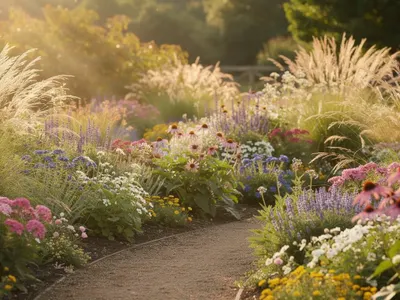 Na zdjęciu widoczny jest kolorowy ogród, wypełniony mieszanką bylin wieloletnich oraz traw ozdobnych, które pięknie prezentują się w letnim słońcu. Wśród intensywnie pomarańczowych kwiatów i dekoracyjnych liści roślin.
