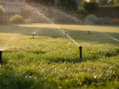 Na zdjęcie jest widoczny zielony, zadbany trawnik, który jest podlewany przez system zraszaczy wynurzalnych w promieniach porannego słońca. Automatyczny system nawadniania zapewnia precyzyjne podlewanie, co sprzyja zdrowemu wzrostowi roślin w ogrodzie.