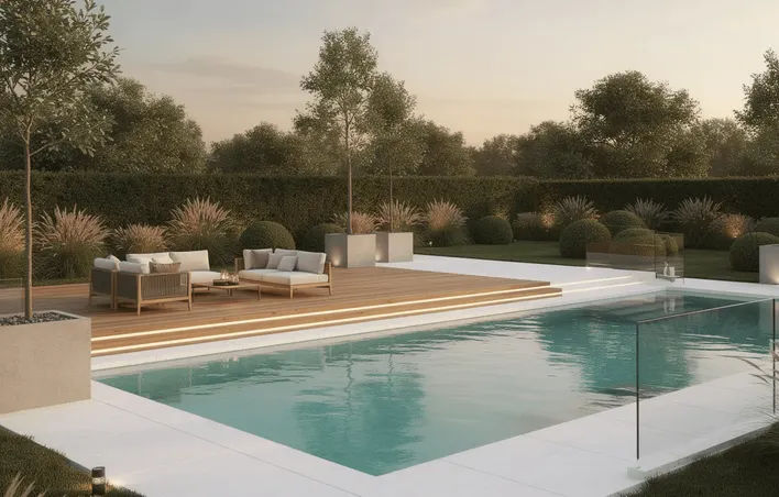 Nowoczesny ogród premium z basenem i tarasem, który podkreśla walory estetyczne przestrzeni, oferuje różnorodne elementy małej architektury oraz starannie zaplanowane ścieżki.