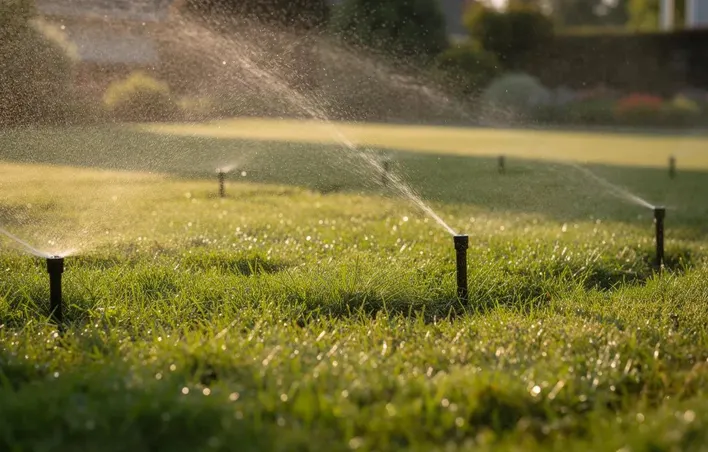 Na zdjęcie jest widoczny zielony, zadbany trawnik, który jest podlewany przez system zraszaczy wynurzalnych w promieniach porannego słońca. Automatyczny system nawadniania zapewnia precyzyjne podlewanie, co sprzyja zdrowemu wzrostowi roślin w ogrodzie.