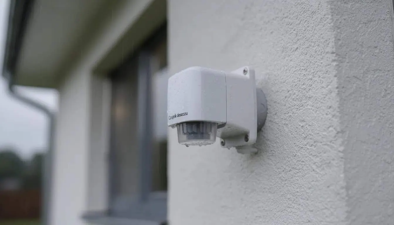 Na ścianie domu zamontowany jest czujnik deszczu, który jest częścią automatycznego systemu nawadniania, umożliwiającego efektywne nawadnianie ogrodu. Dzięki inteligentnemu sterowaniu, urządzenie zapewnia odpowiednią ilość wody dla roślin.