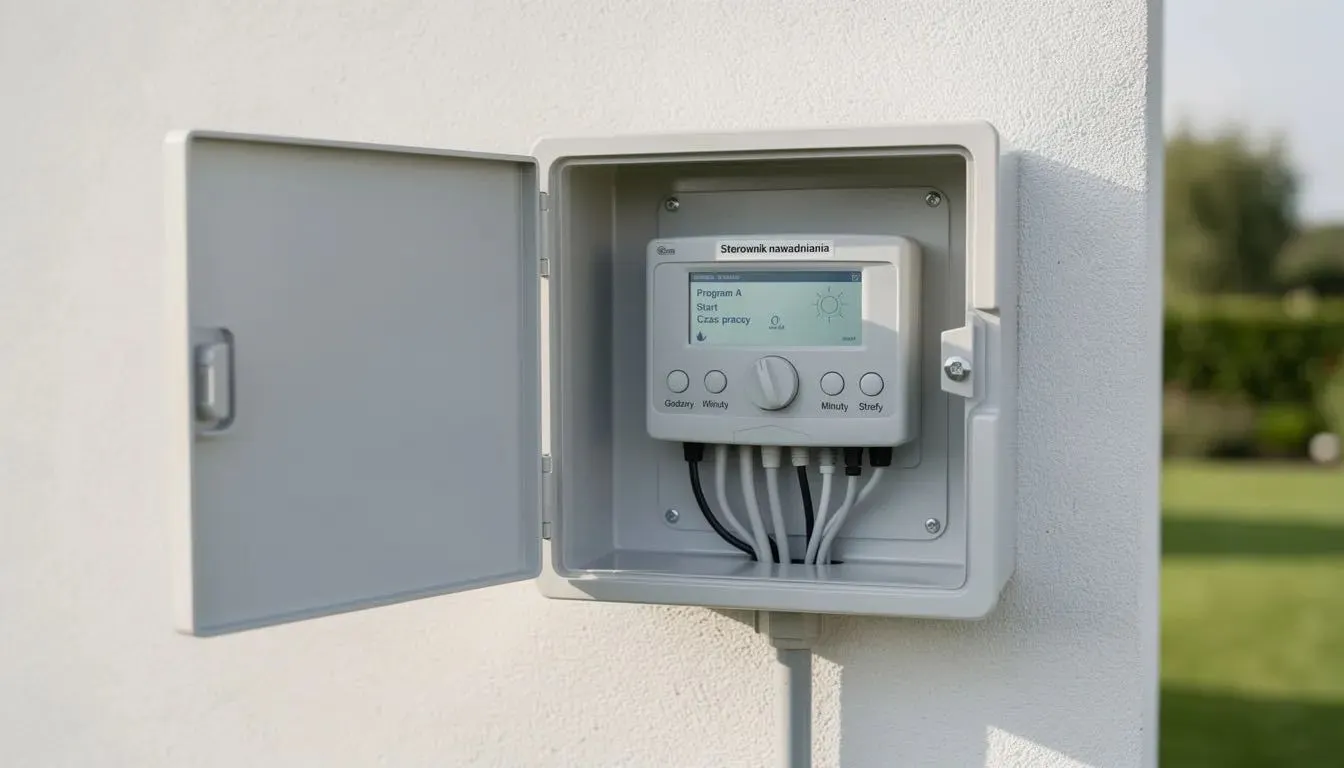 Na obrazku widoczny jest sterownik nawadniania zamontowany w zewnętrznej skrzynce przy ścianie domu, który umożliwia automatyczne nawadnianie ogrodu.