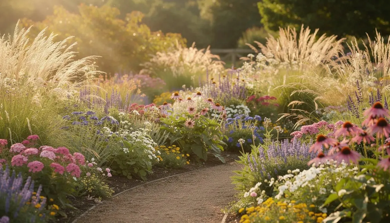 Na zdjęciu widoczny jest kolorowy ogród, wypełniony mieszanką bylin wieloletnich oraz traw ozdobnych, które pięknie prezentują się w letnim słońcu. Wśród intensywnie pomarańczowych kwiatów i dekoracyjnych liści roślin.