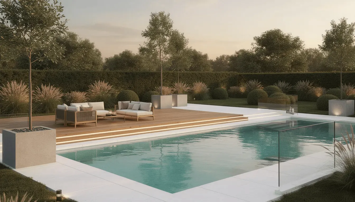 Nowoczesny ogród premium z basenem i tarasem, który podkreśla walory estetyczne przestrzeni, oferuje różnorodne elementy małej architektury oraz starannie zaplanowane ścieżki.